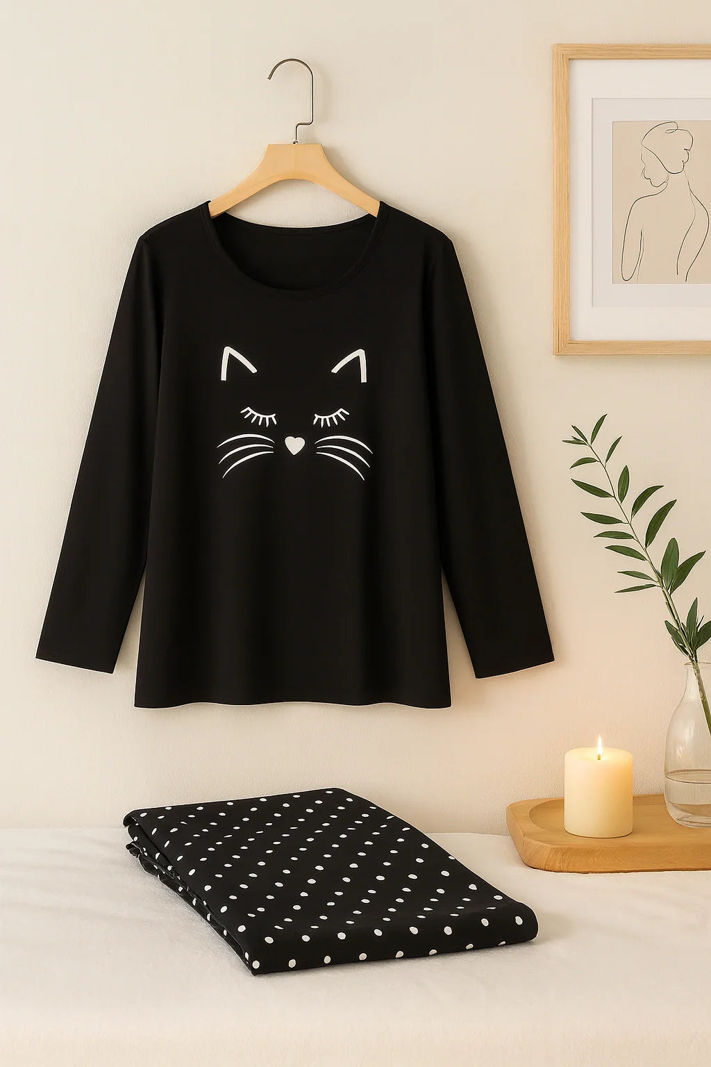 Black Meow T-shirt With Pajama