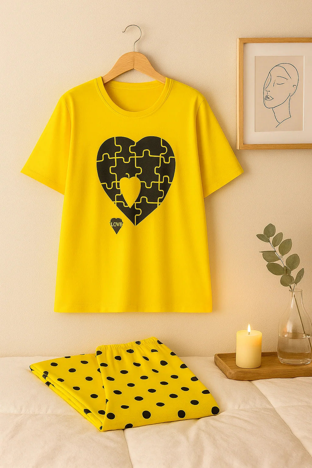 Yellow Puzzle Heart T-Shirt With Pajama