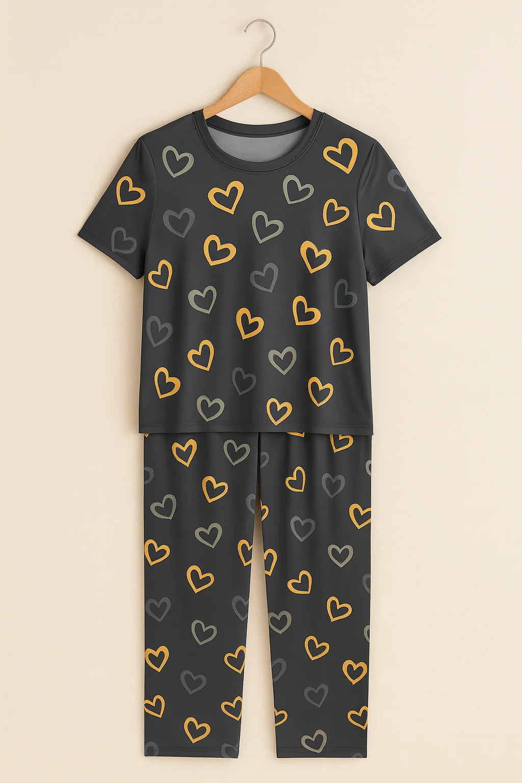 Multi Color Hearts on Gray Nightwear T-Shirt With Pajama
