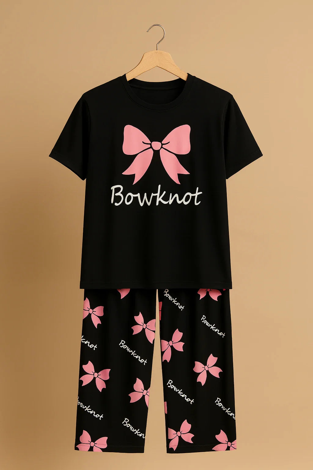Black Bowknot T-Shirt With Pajama