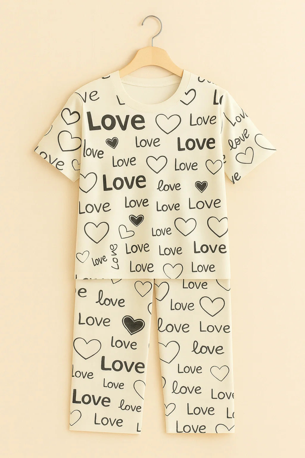 White Love Printed Shirt With Pajama