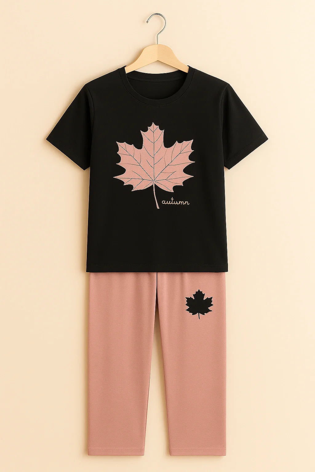 Leaf Printed Black Shirt And Pink Trouser