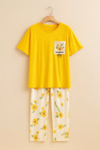 Yellow Flower Printed Pocket Half Sleeves Shirt and White Flower Printed Trouser Night Wear