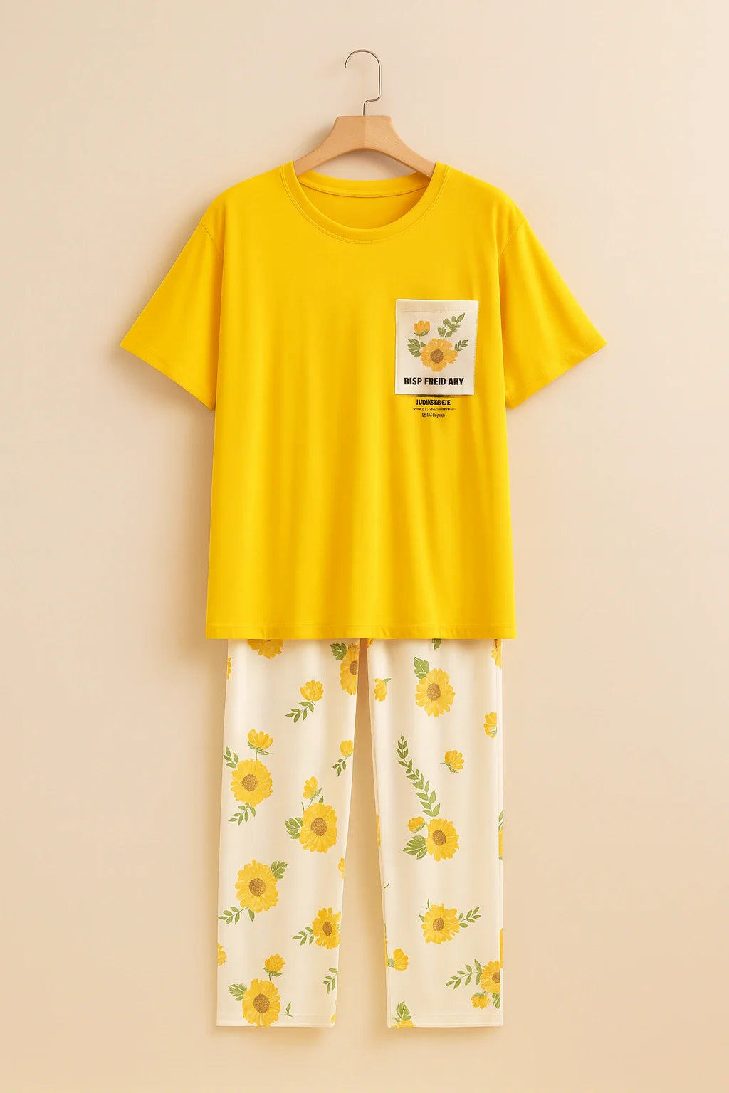 Yellow Flower Printed Pocket Half Sleeves Shirt and White Flower Printed Trouser Night Wear