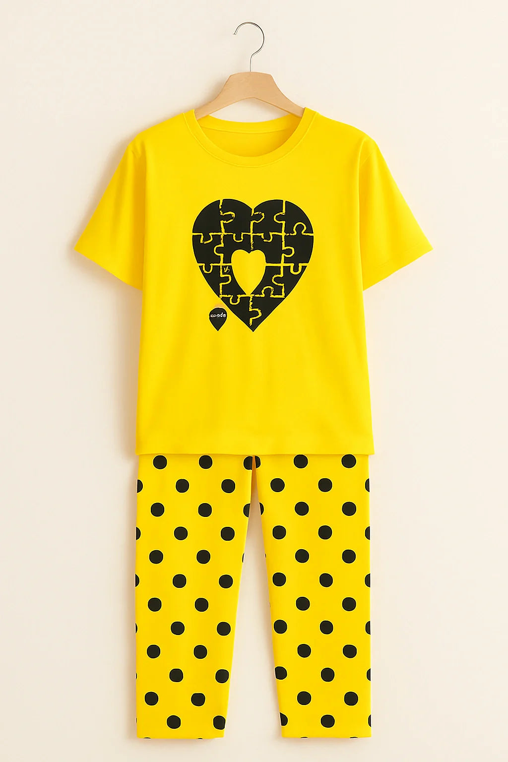 Yellow Puzzle Heart T-Shirt With Pajama