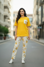 Yellow Flower Printed Pocket Half Sleeves Shirt and White Flower Printed Trouser Night Wear
