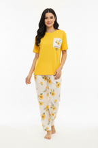 Yellow Flower Printed Pocket Half Sleeves Shirt and White Flower Printed Trouser Night Wear