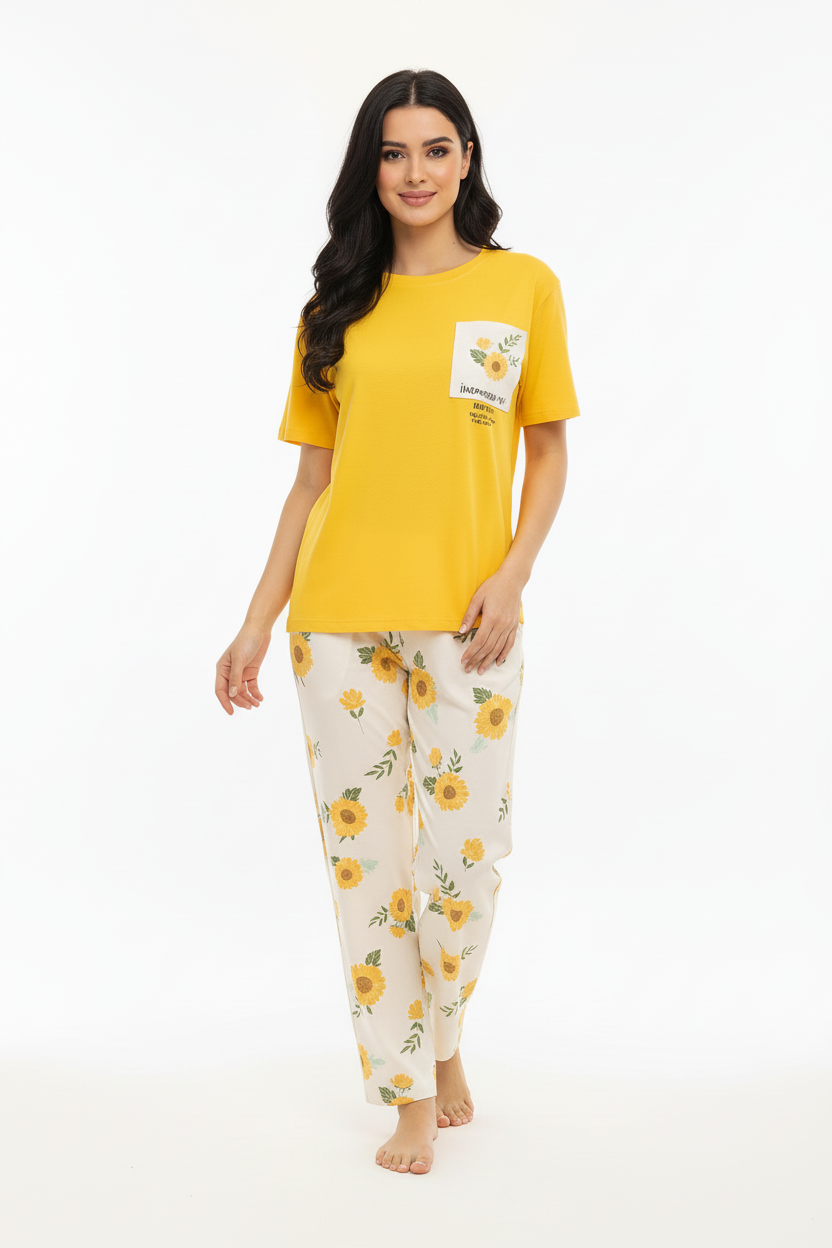 Yellow Flower Printed Pocket Half Sleeves Shirt and White Flower Printed Trouser Night Wear