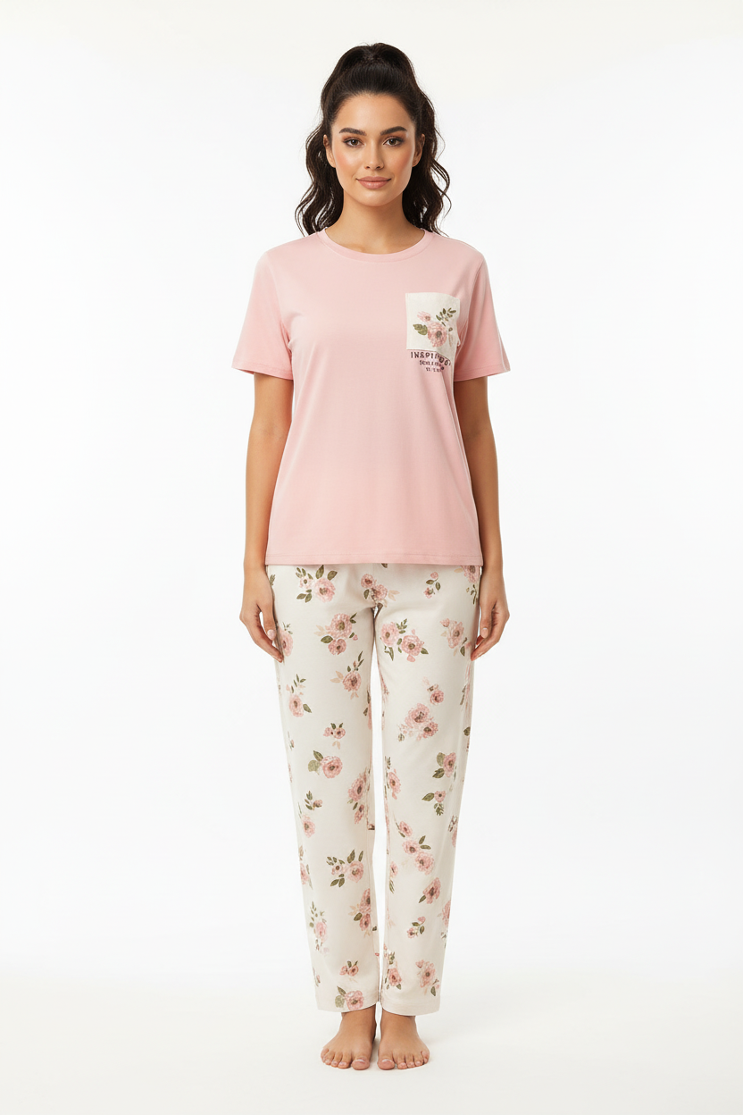Pink Flower Printed Pocket Half Sleeves Shirt and White Flower Printed Trouser Night Wear