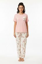 Pink Flower Printed Pocket Half Sleeves Shirt and White Flower Printed Trouser Night Wear