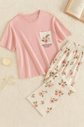 Pink Flower Printed Pocket Half Sleeves Shirt and White Flower Printed Trouser Night Wear