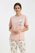 Pink Flower Printed Pocket Half Sleeves Shirt and White Flower Printed Trouser Night Wear