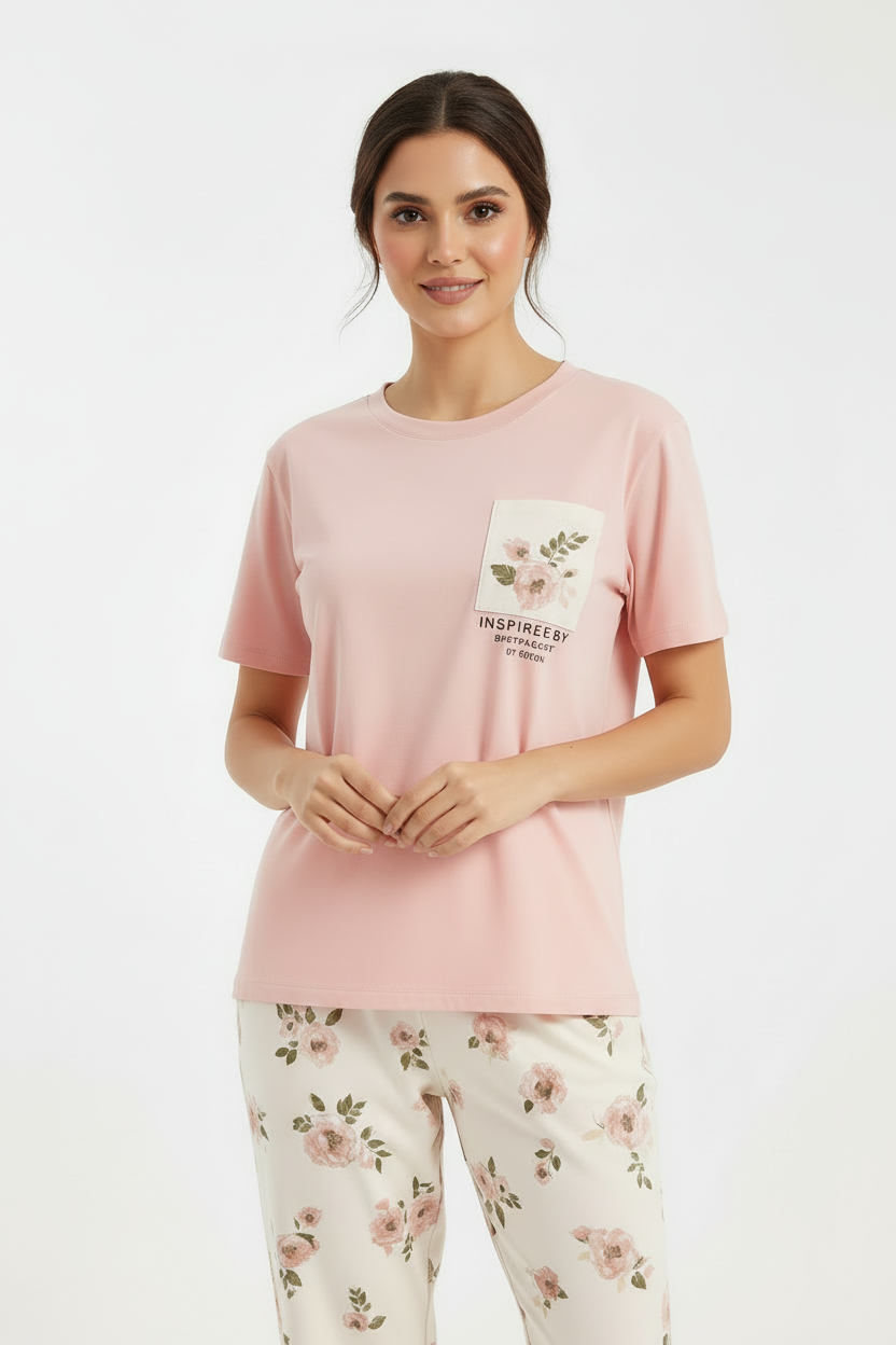 Pink Flower Printed Pocket Half Sleeves Shirt and White Flower Printed Trouser Night Wear