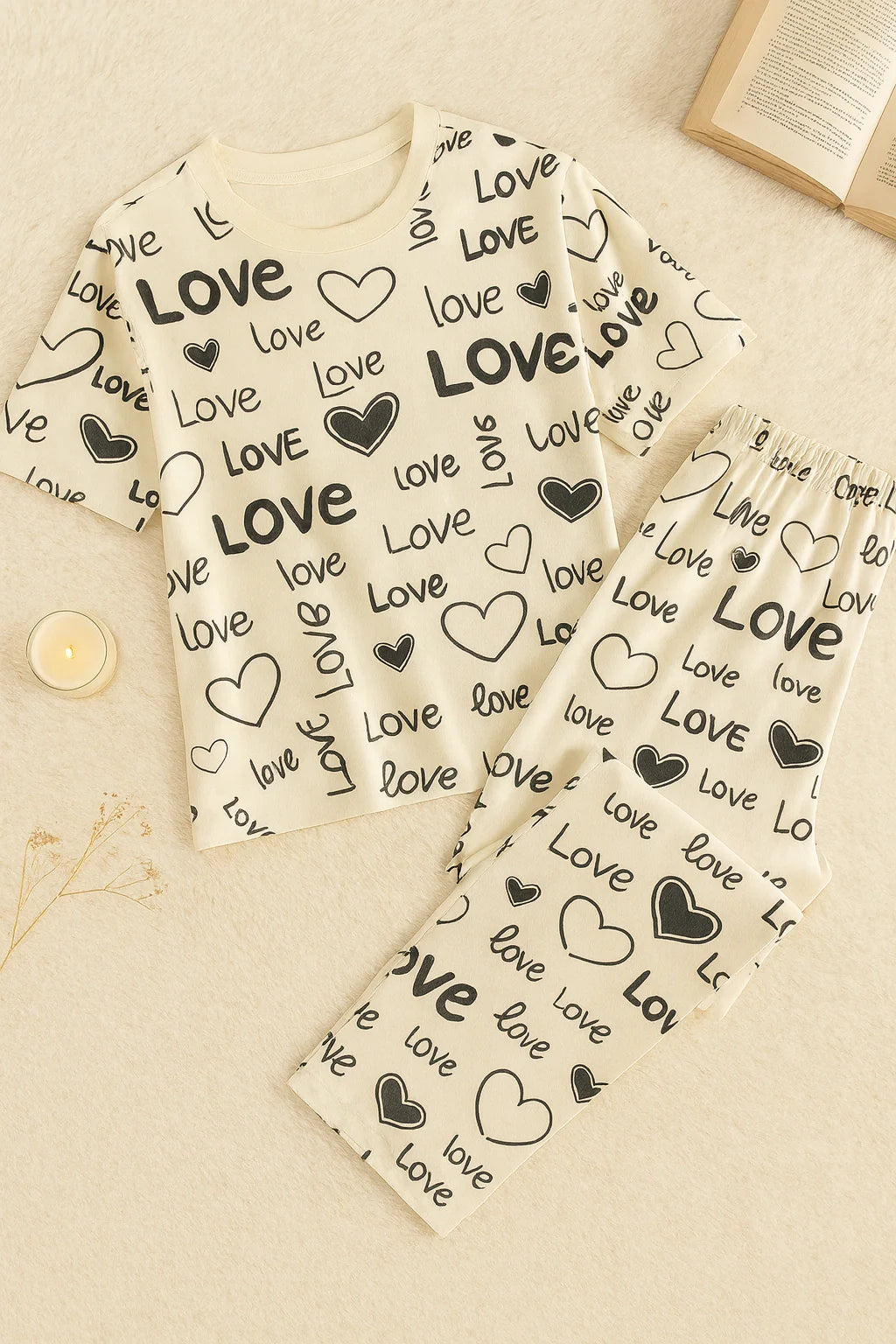 White Love Printed Shirt With Pajama