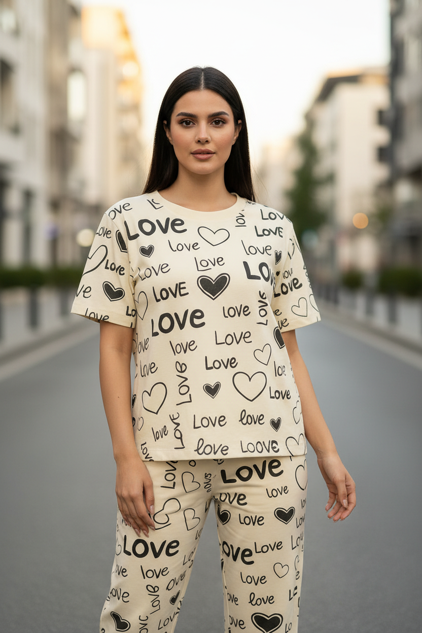 White Love Printed Shirt With Pajama