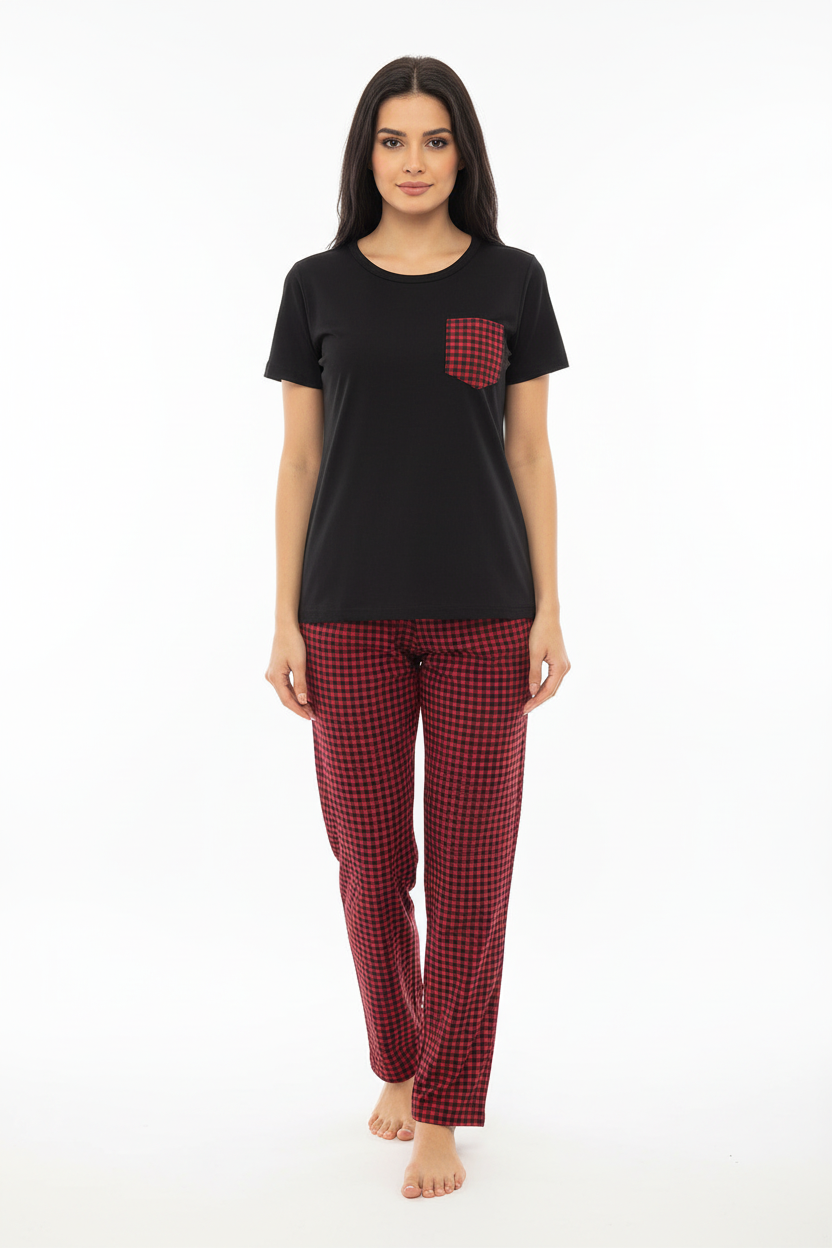 Black and Red Check Style T-Shirt With Pajama