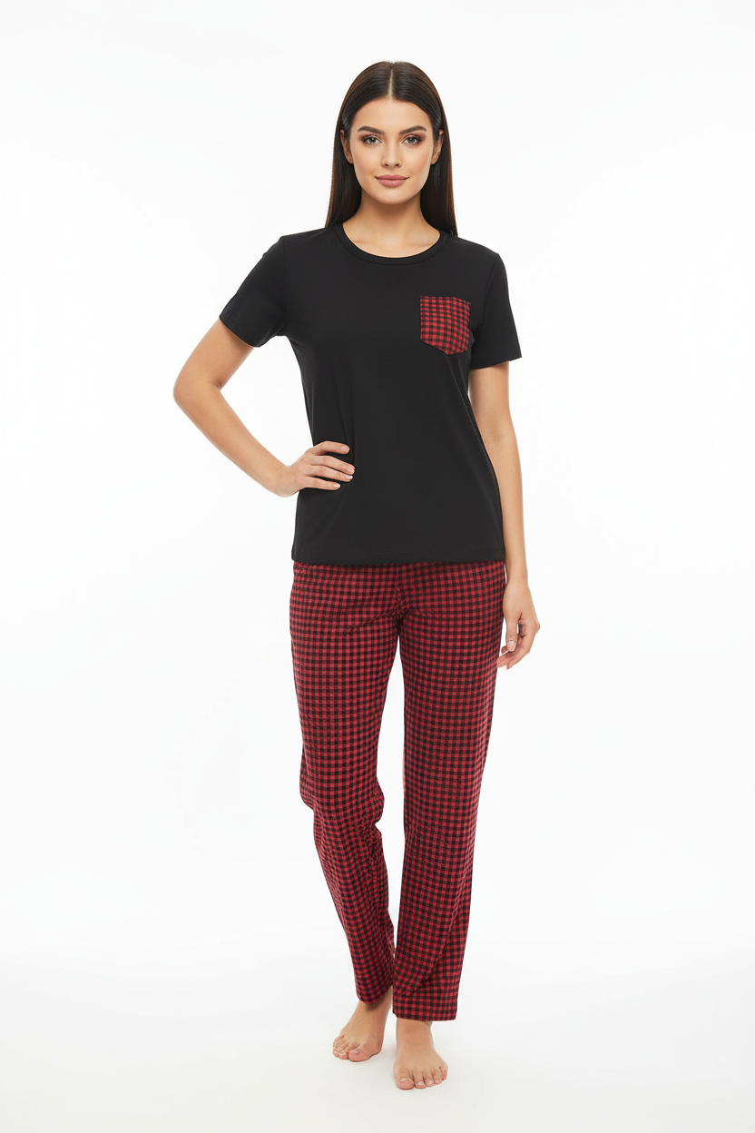 Black and Red Check Style T-Shirt With Pajama