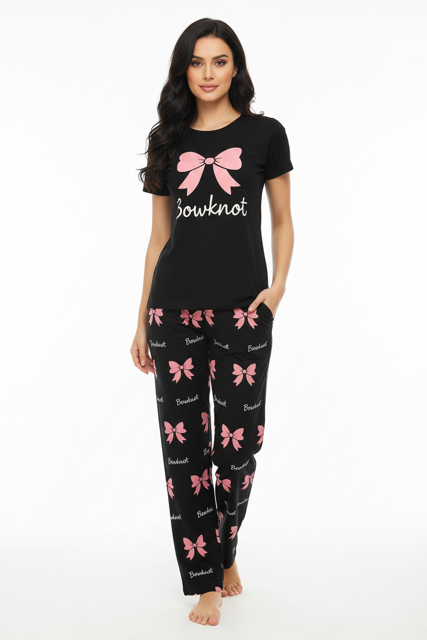 Black Bowknot T-Shirt With Pajama