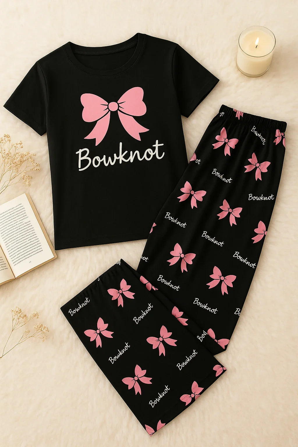 Black Bowknot T-Shirt With Pajama