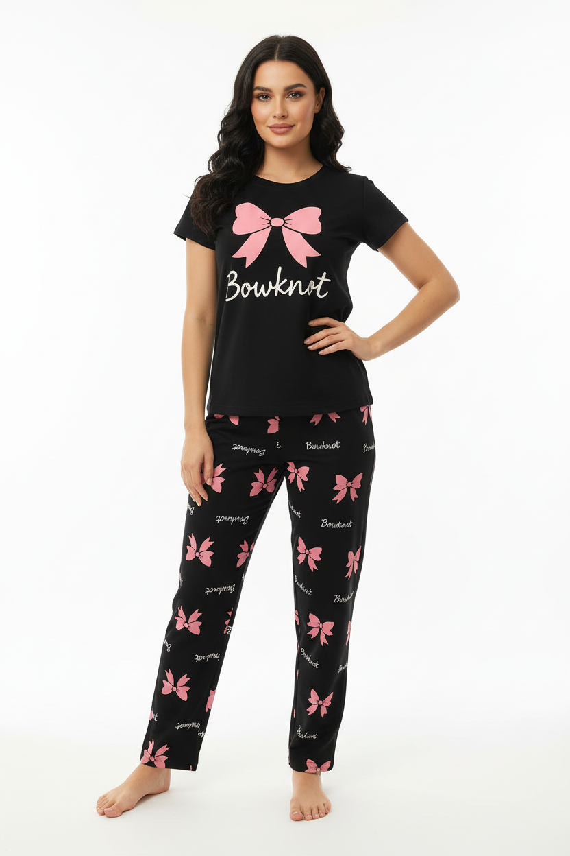 Black Bowknot T-Shirt With Pajama
