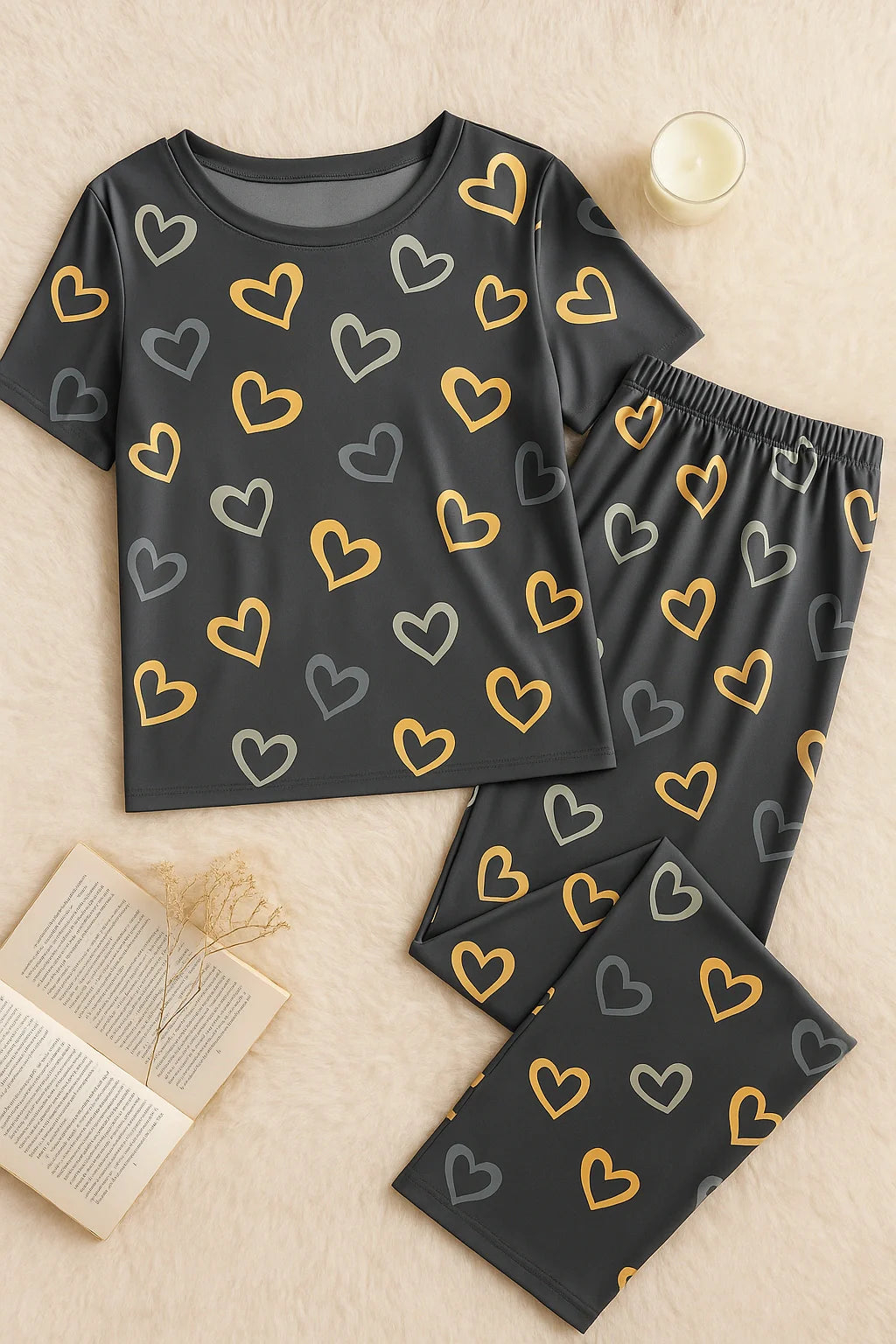 Multi Color Hearts on Gray Nightwear T-Shirt With Pajama