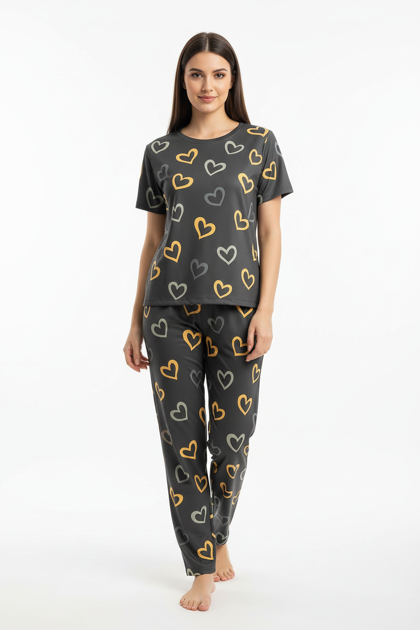 Multi Color Hearts on Gray Nightwear T-Shirt With Pajama