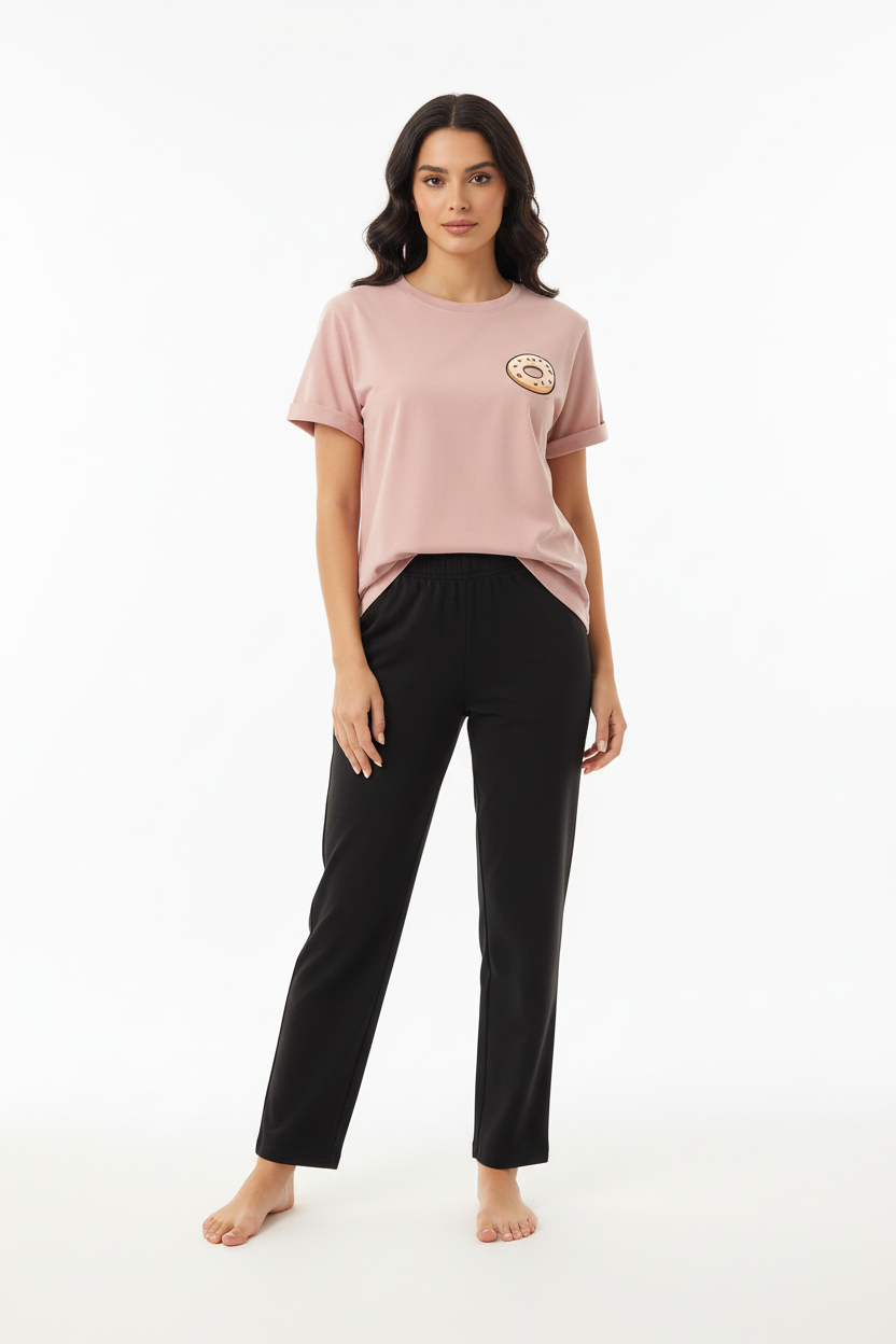 Pink Donut Drip Printed Shirt And Black Trouser