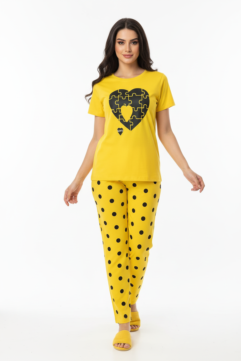 Yellow Puzzle Heart T-Shirt With Pajama