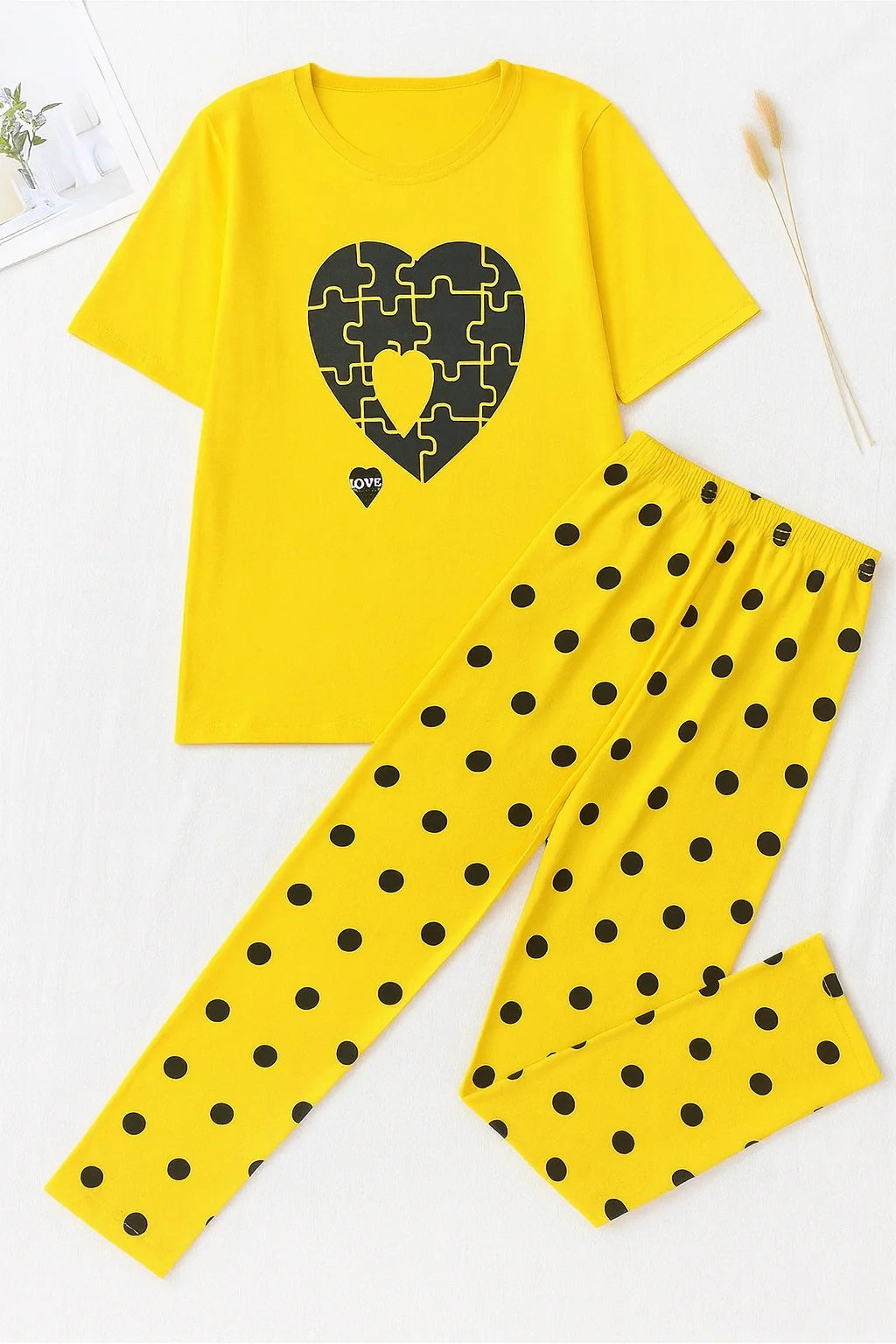 Yellow Puzzle Heart T-Shirt With Pajama