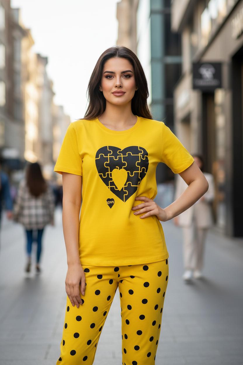 Yellow Puzzle Heart T-Shirt With Pajama