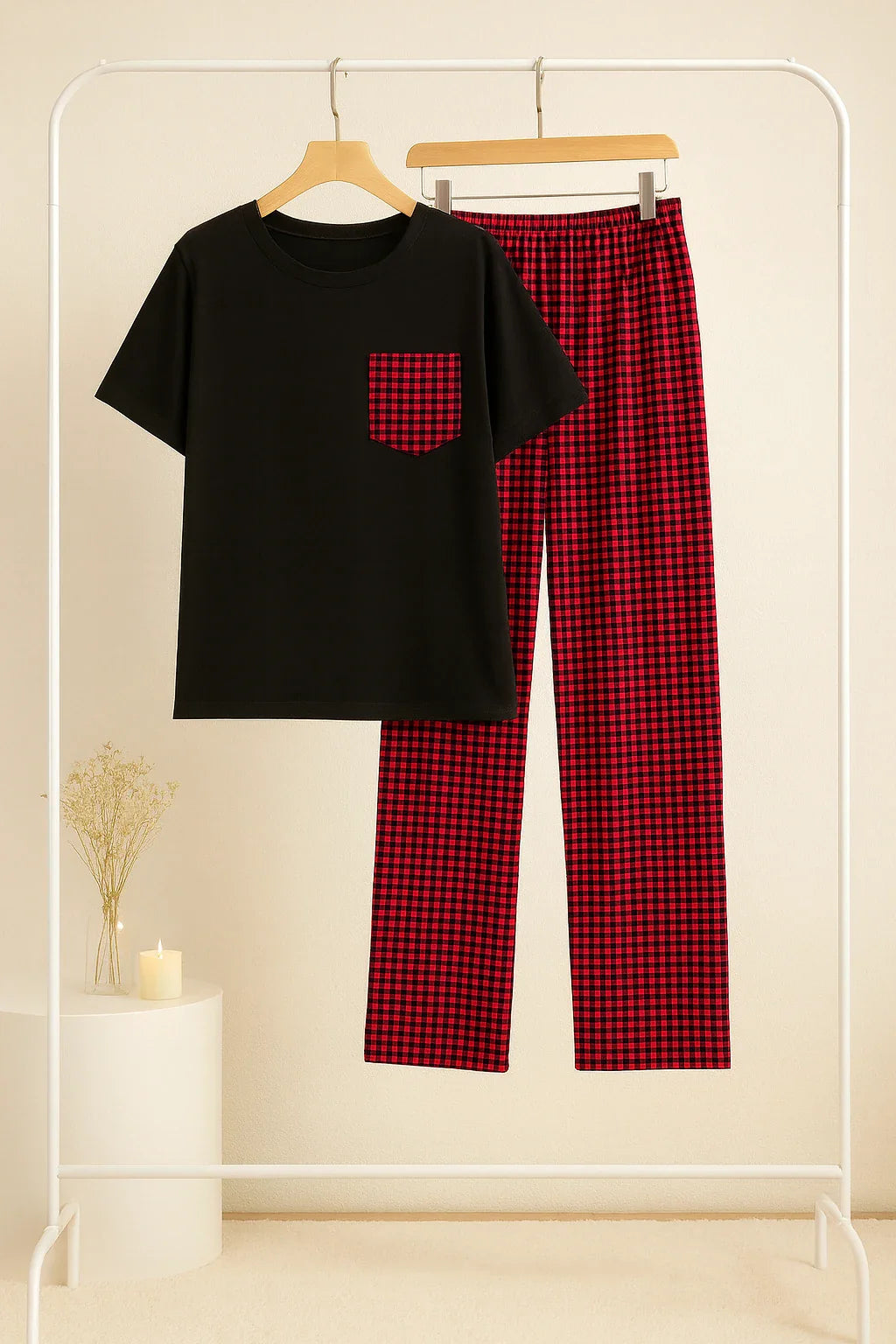 Black and Red Check Style T-Shirt With Pajama