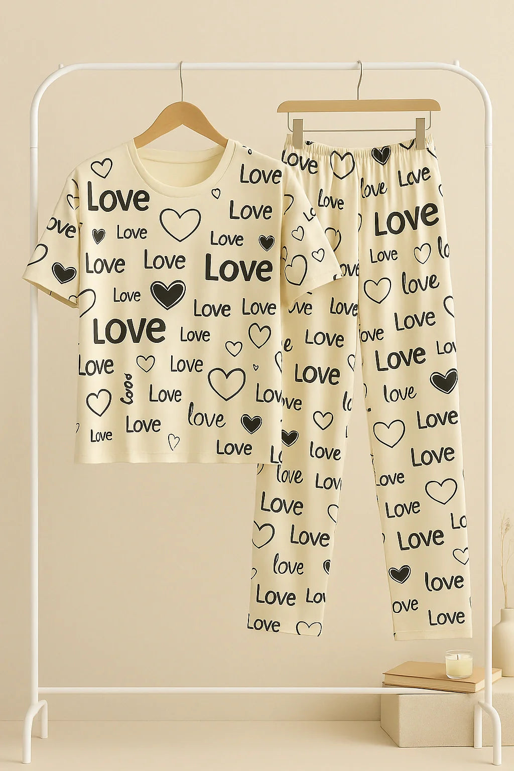 White Love Printed Shirt With Pajama