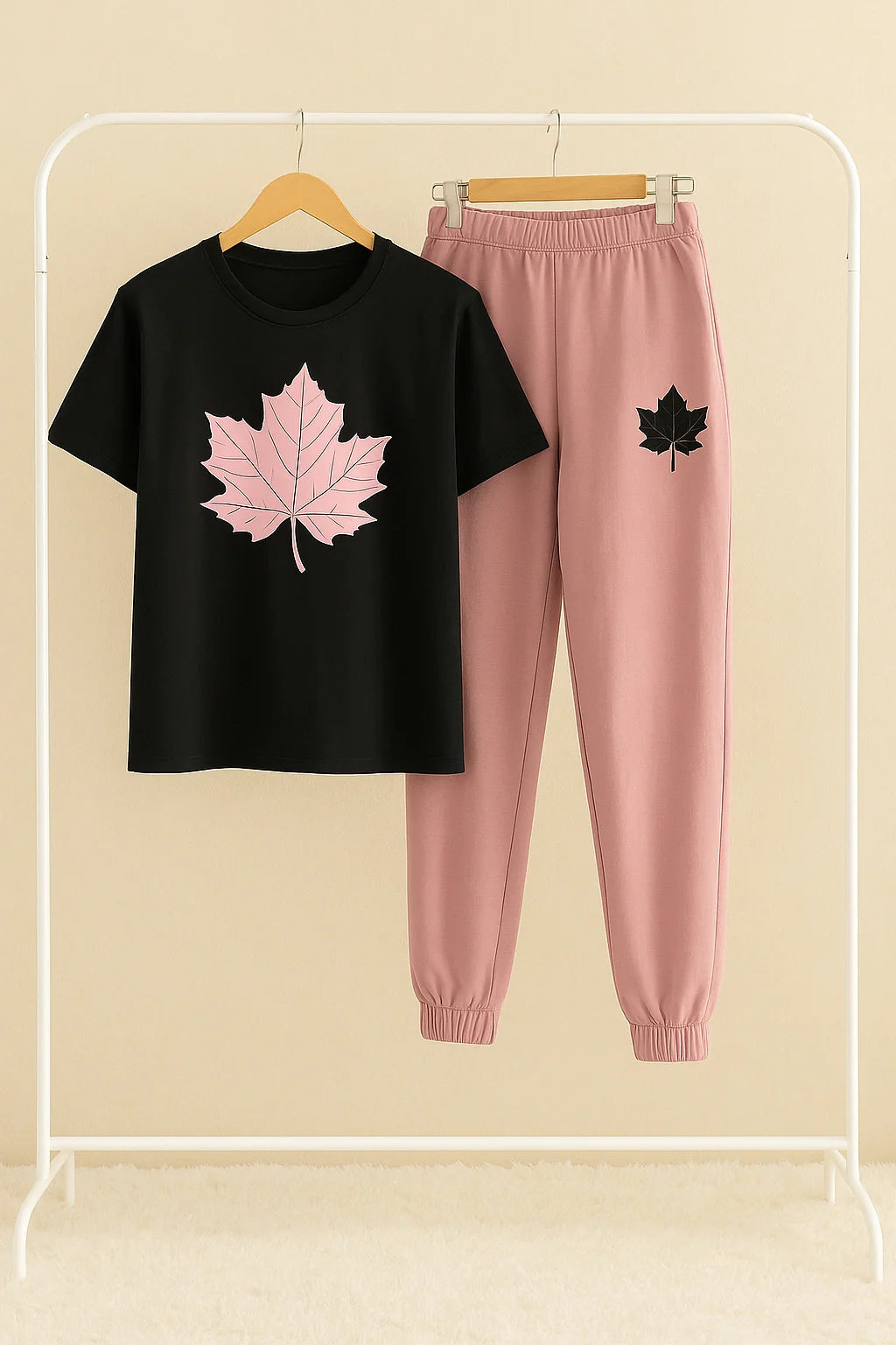 Leaf Printed Black Shirt And Pink Trouser