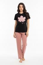 Leaf Printed Black Shirt And Pink Trouser
