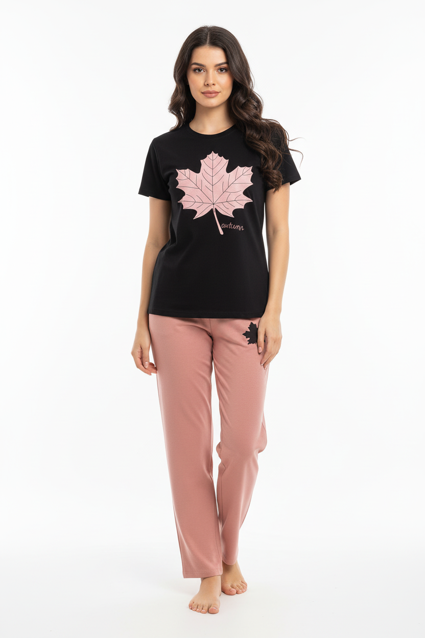 Leaf Printed Black Shirt And Pink Trouser