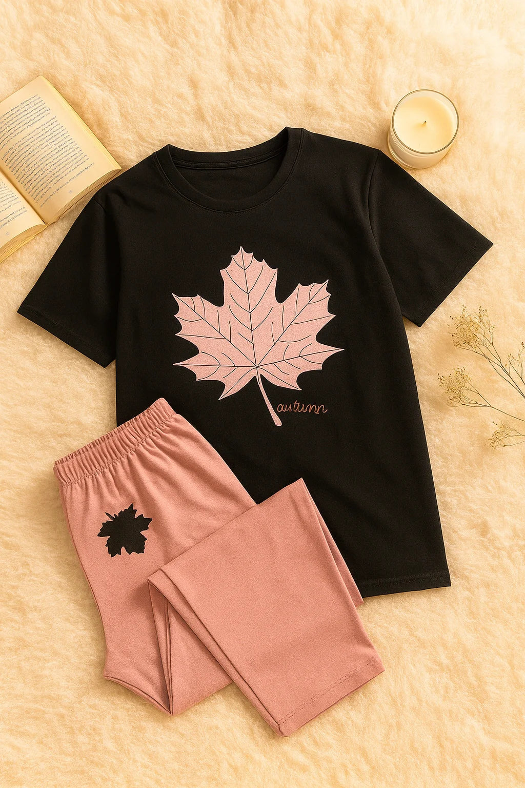 Leaf Printed Black Shirt And Pink Trouser