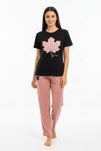 Leaf Printed Black Shirt And Pink Trouser