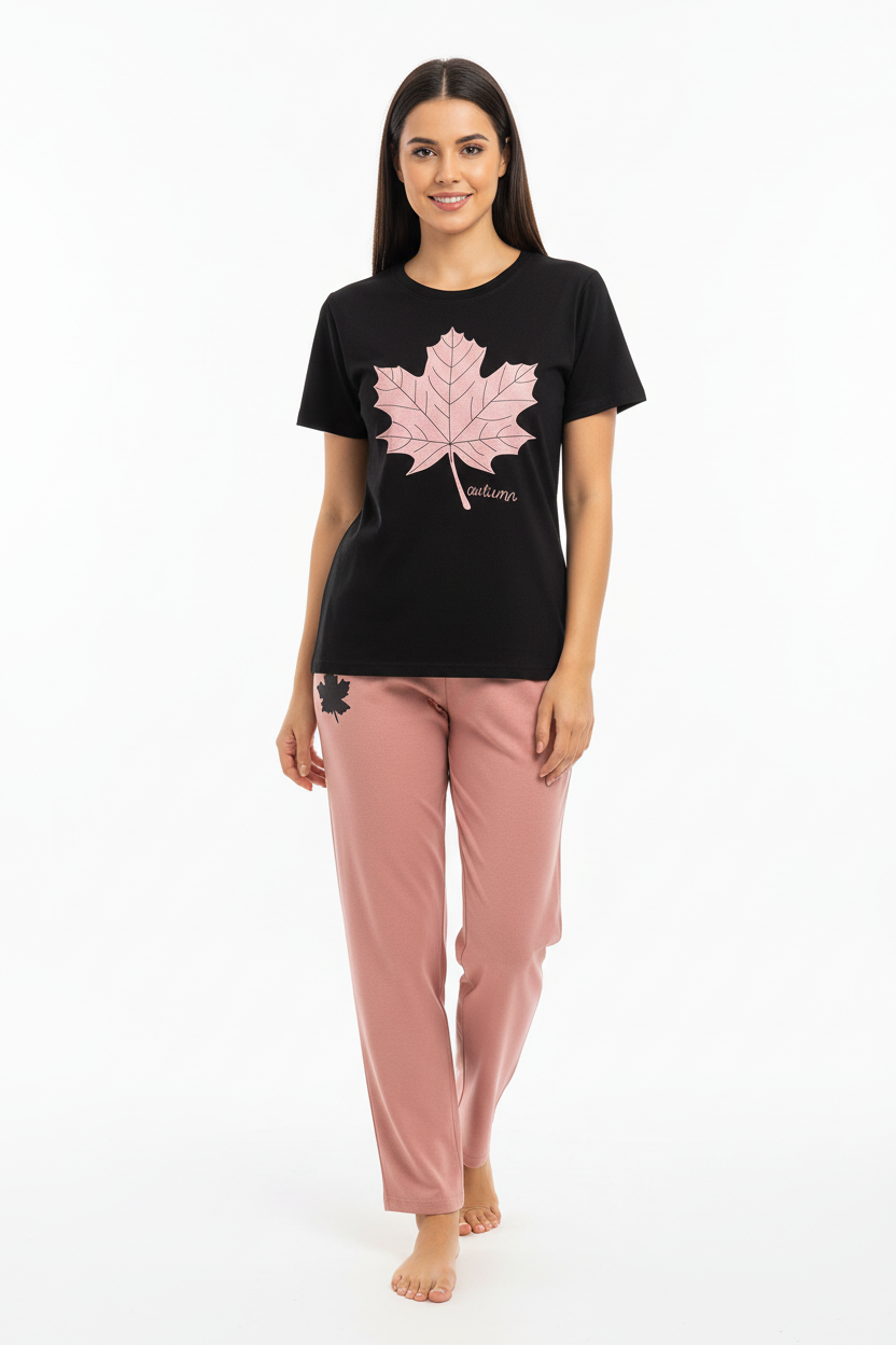Leaf Printed Black Shirt And Pink Trouser