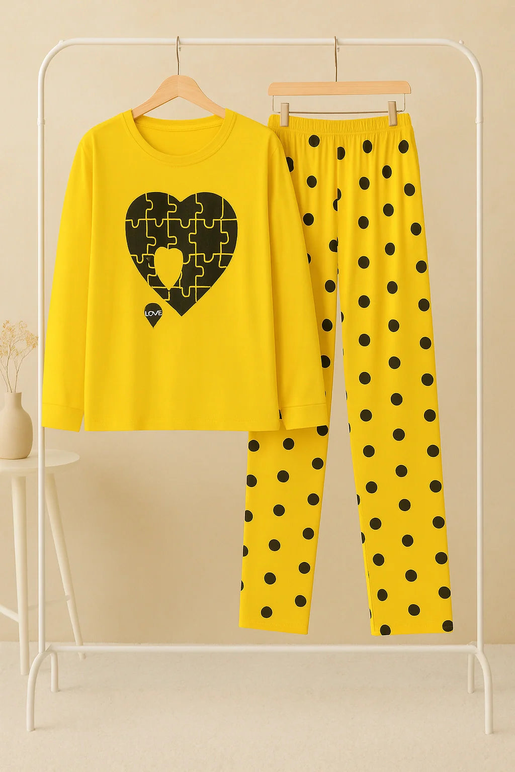 Yellow Puzzle Heart T-Shirt With Pajama