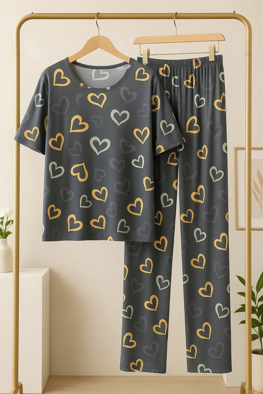 Multi Color Hearts on Gray Nightwear T-Shirt With Pajama
