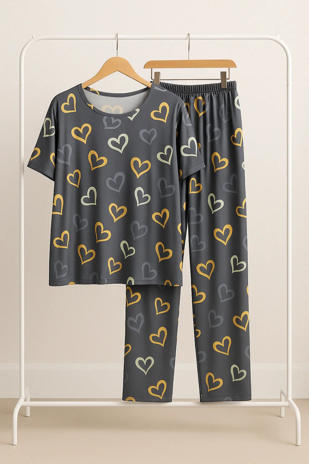 Multi Color Hearts on Gray Nightwear T-Shirt With Pajama