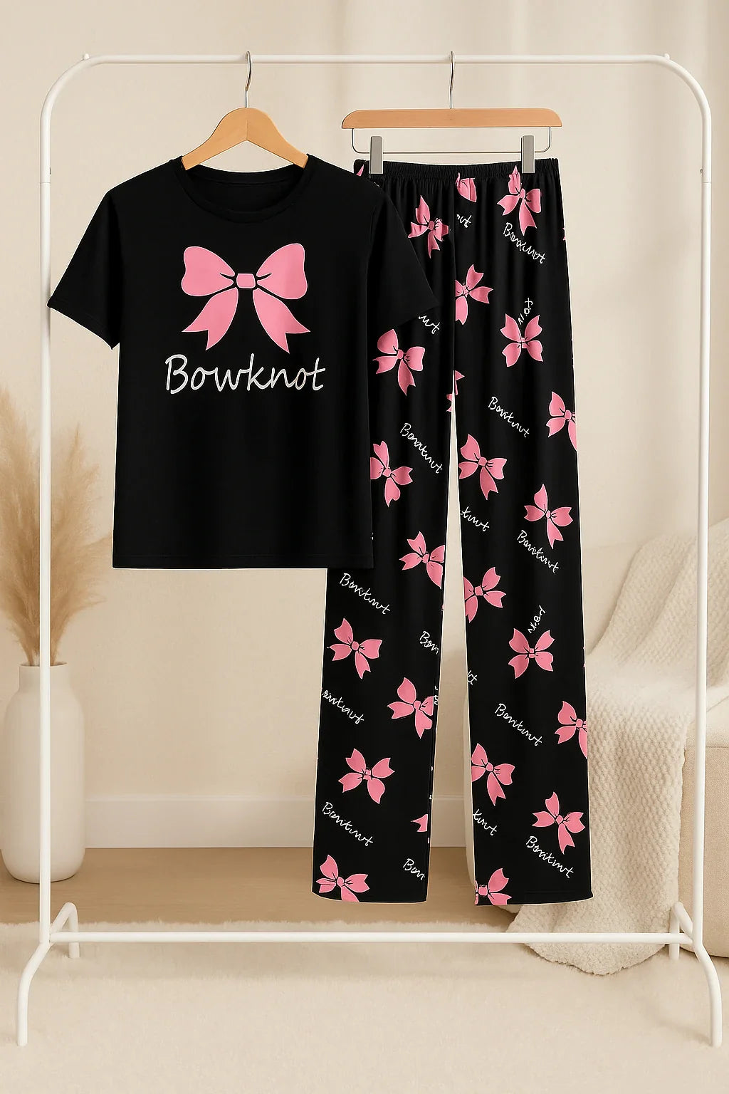 Black Bowknot T-Shirt With Pajama