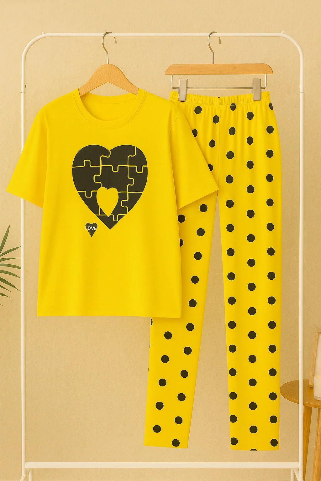 Yellow Puzzle Heart T-Shirt With Pajama