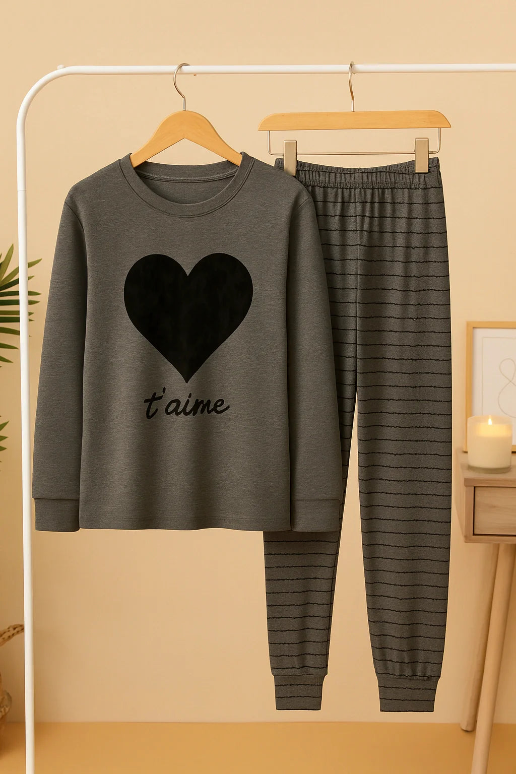 Black Gray Heart T-Shirt With Pajama