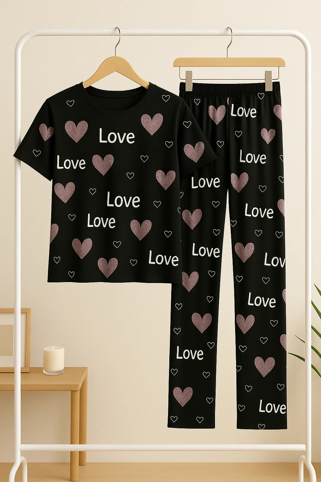 Black Love Heart T-Shirt With Pajama