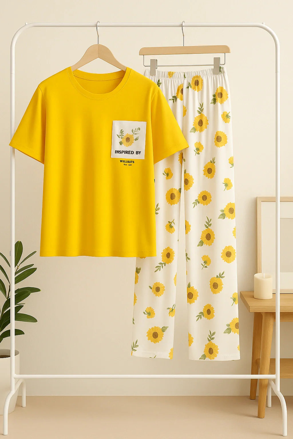Yellow Flower Printed Pocket Half Sleeves Shirt and White Flower Printed Trouser Night Wear
