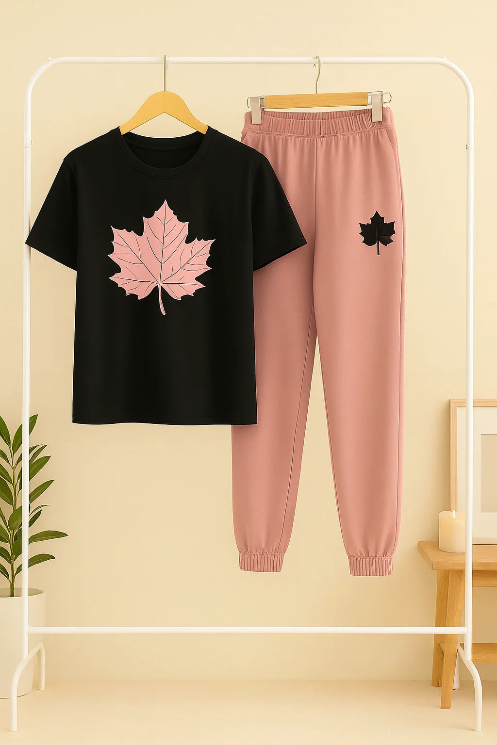 Leaf Printed Black Shirt And Pink Trouser