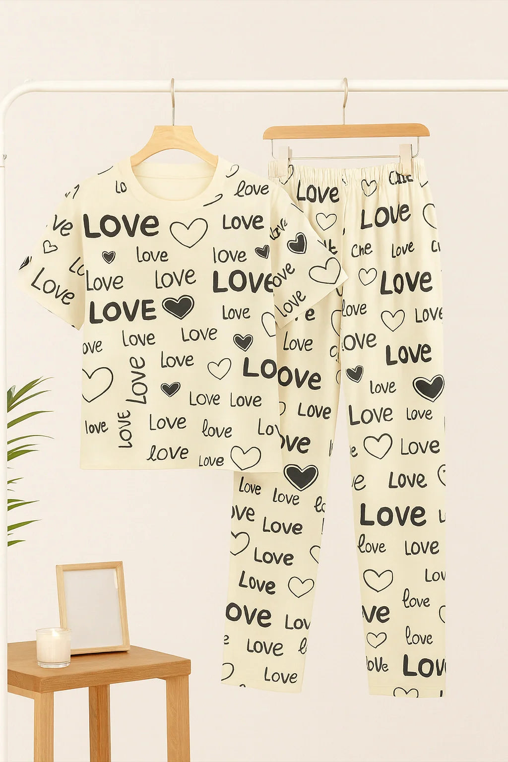 White Love Printed Shirt With Pajama