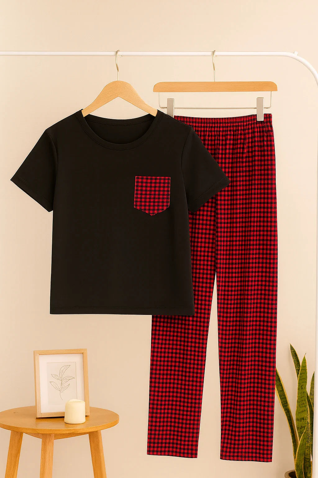 Black and Red Check Style T-Shirt With Pajama