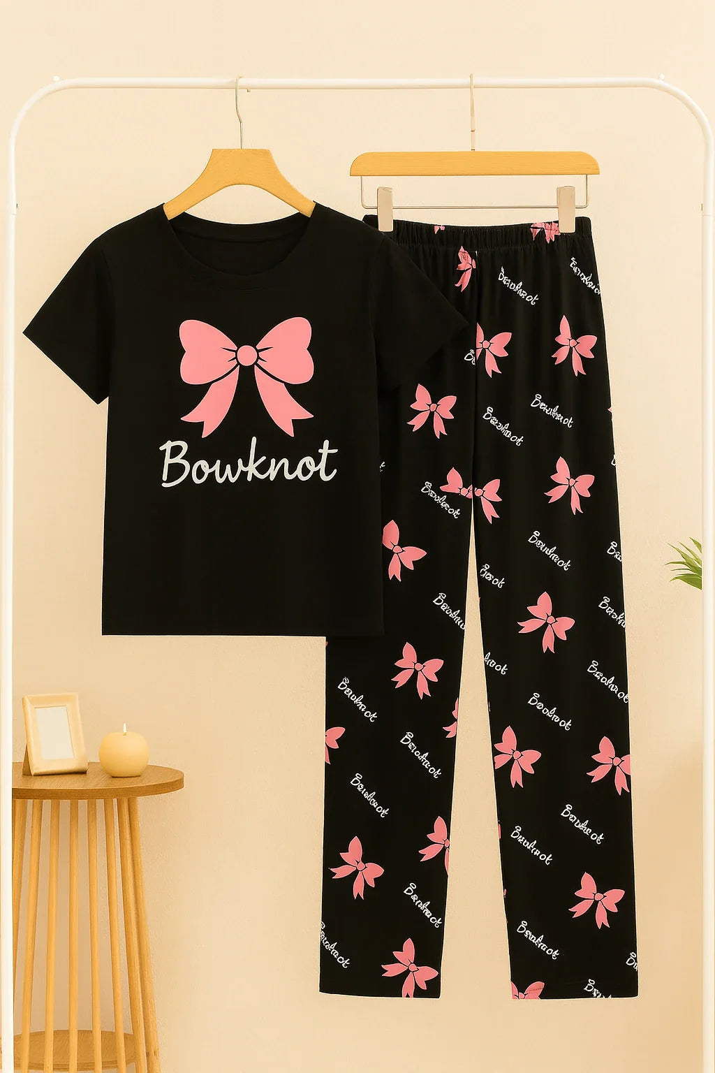 Black Bowknot T-Shirt With Pajama